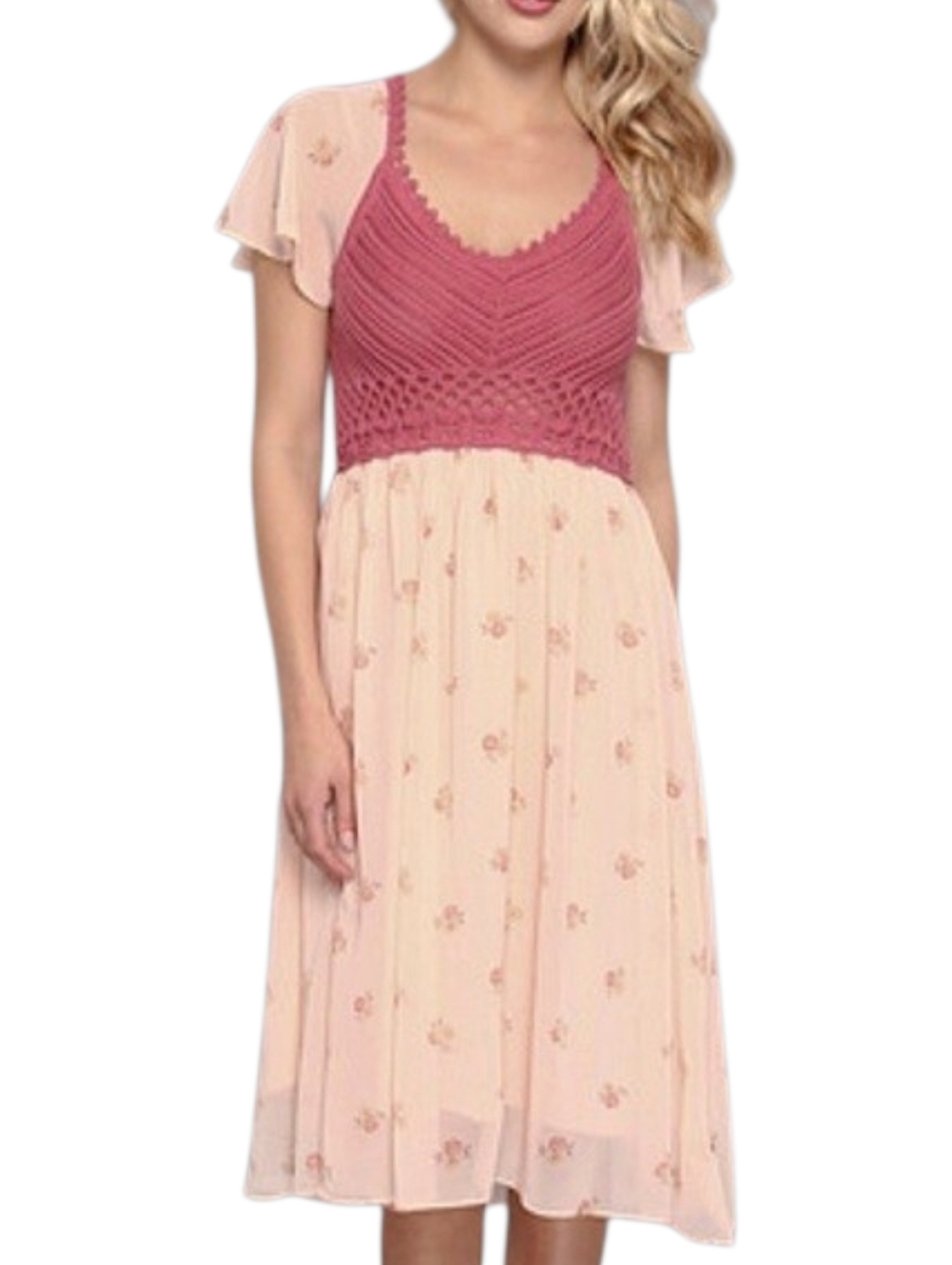 Free People Crochet Bodice Floral Midi Dress Pink Boho Cottagecore S